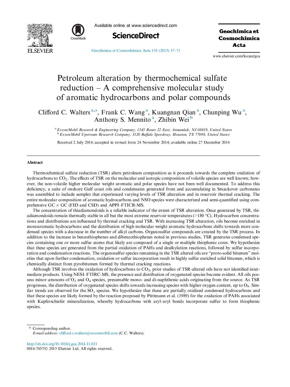 دگرسانی نفت توسط کاهش سولفات گرمایشی مطالعات مولکولی جامع از هیدروکربن های معطر و ترکیبات قطبی 