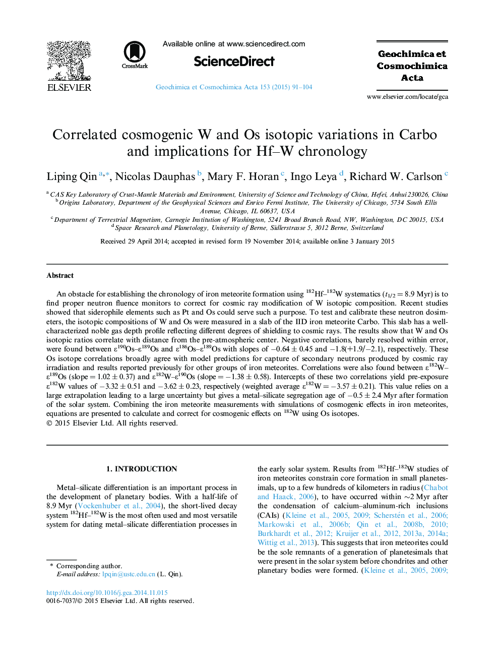 Correlated cosmogenic W and Os isotopic variations in Carbo and implications for Hf-W chronology