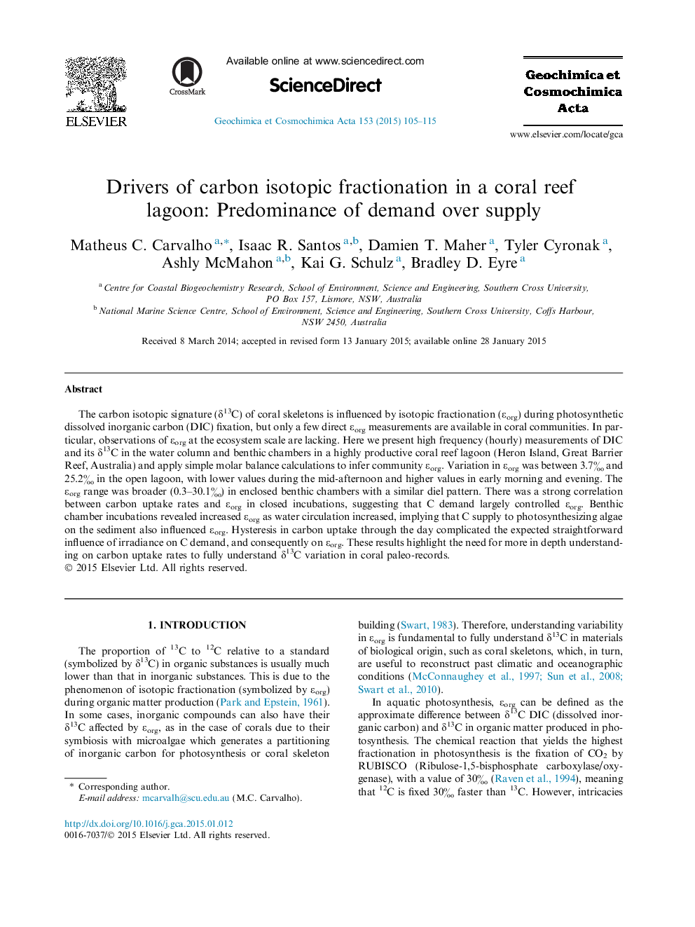 رانندگان تجزیه ایزوتوپ کربن در یک دریاچه مرجانی: اغراق تقاضا بیش از عرضه 