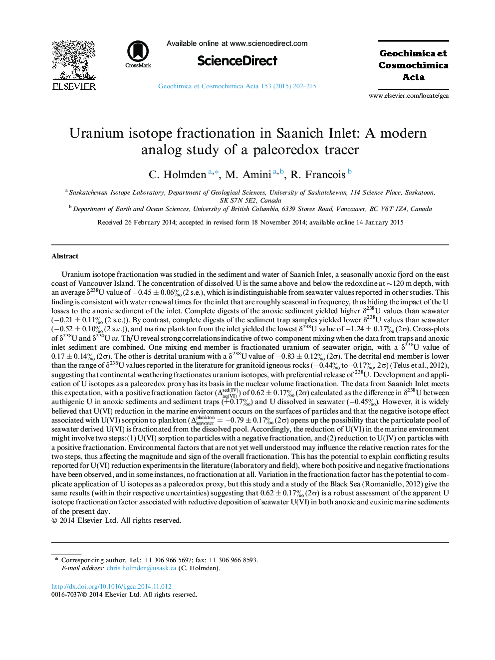 Uranium isotope fractionation in Saanich Inlet: A modern analog study of a paleoredox tracer