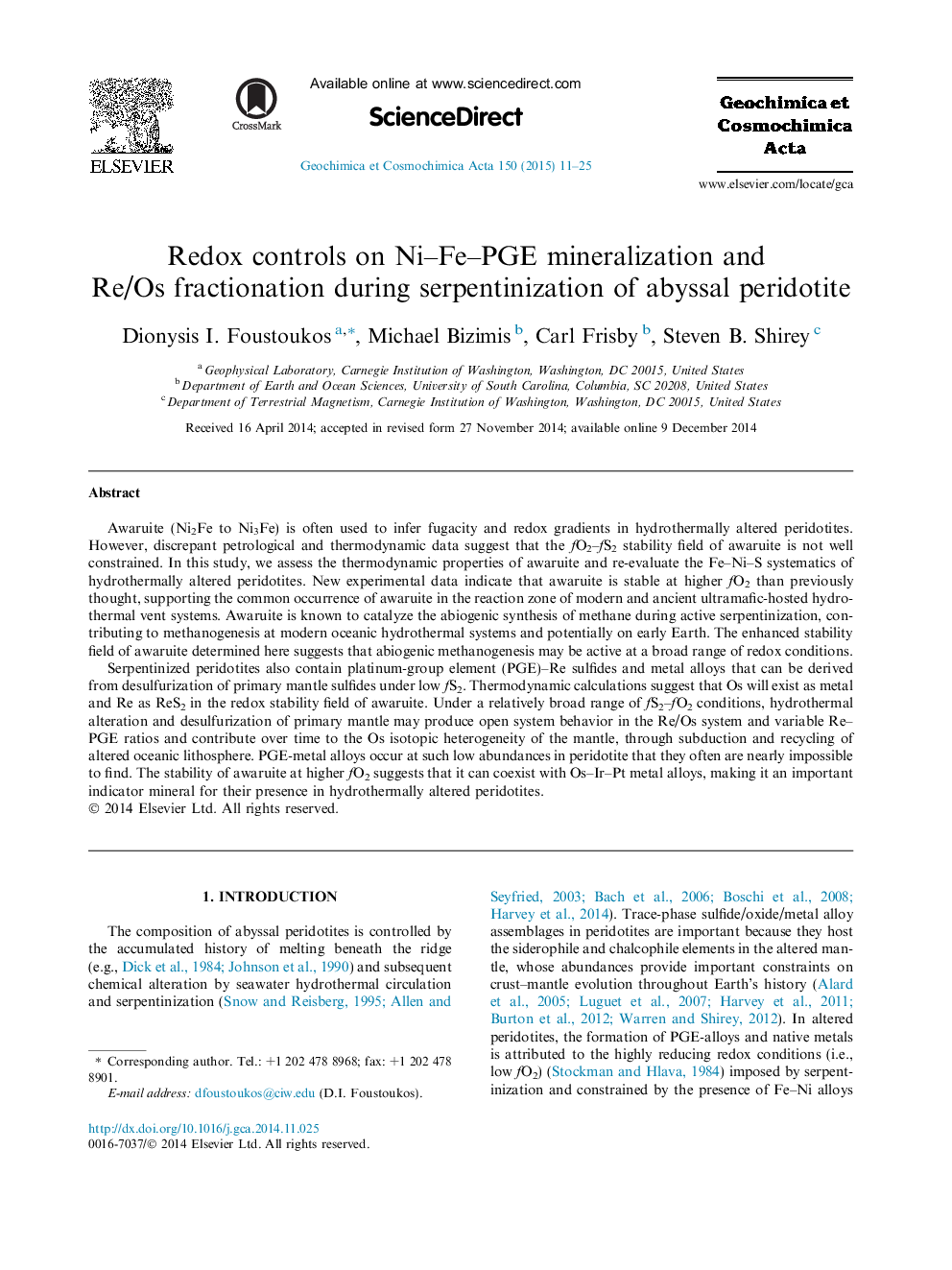 Redox controls on Ni–Fe–PGE mineralization and Re/Os fractionation during serpentinization of abyssal peridotite