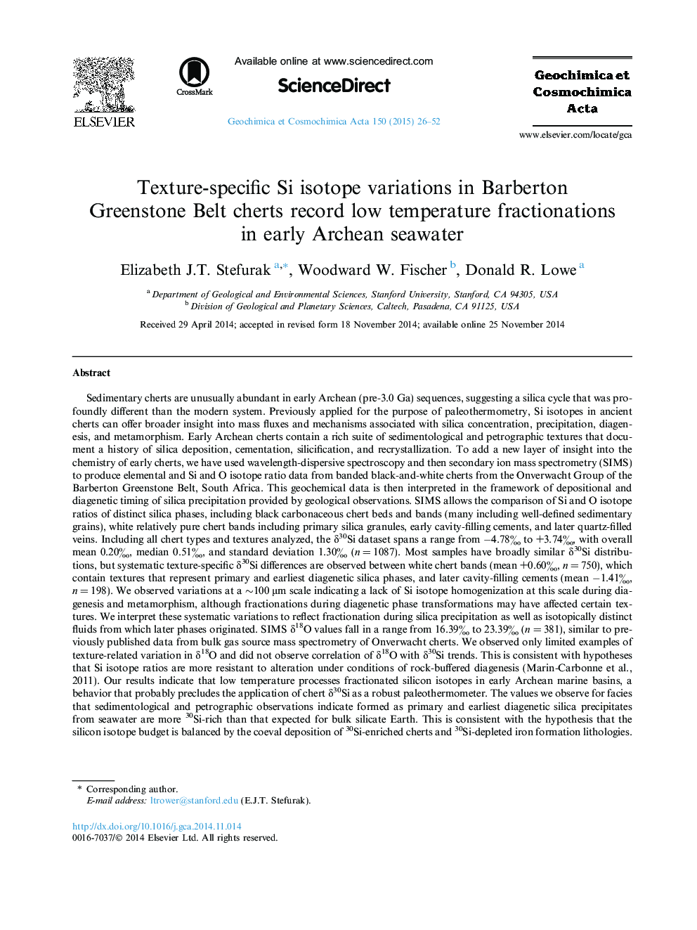 Texture-specific Si isotope variations in Barberton Greenstone Belt cherts record low temperature fractionations in early Archean seawater