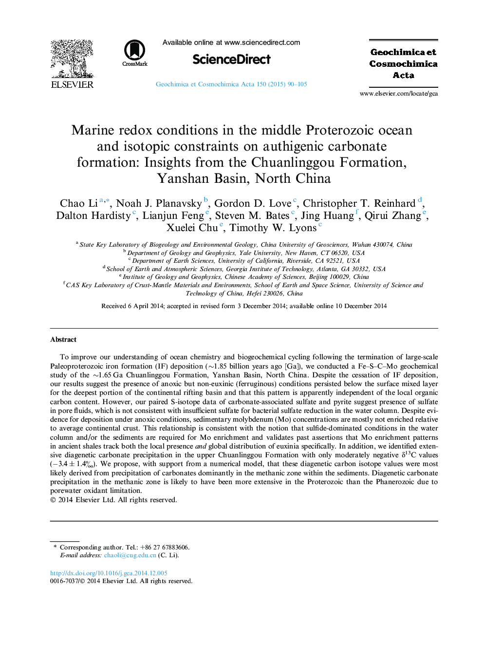 Marine redox conditions in the middle Proterozoic ocean and isotopic constraints on authigenic carbonate formation: Insights from the Chuanlinggou Formation, Yanshan Basin, North China