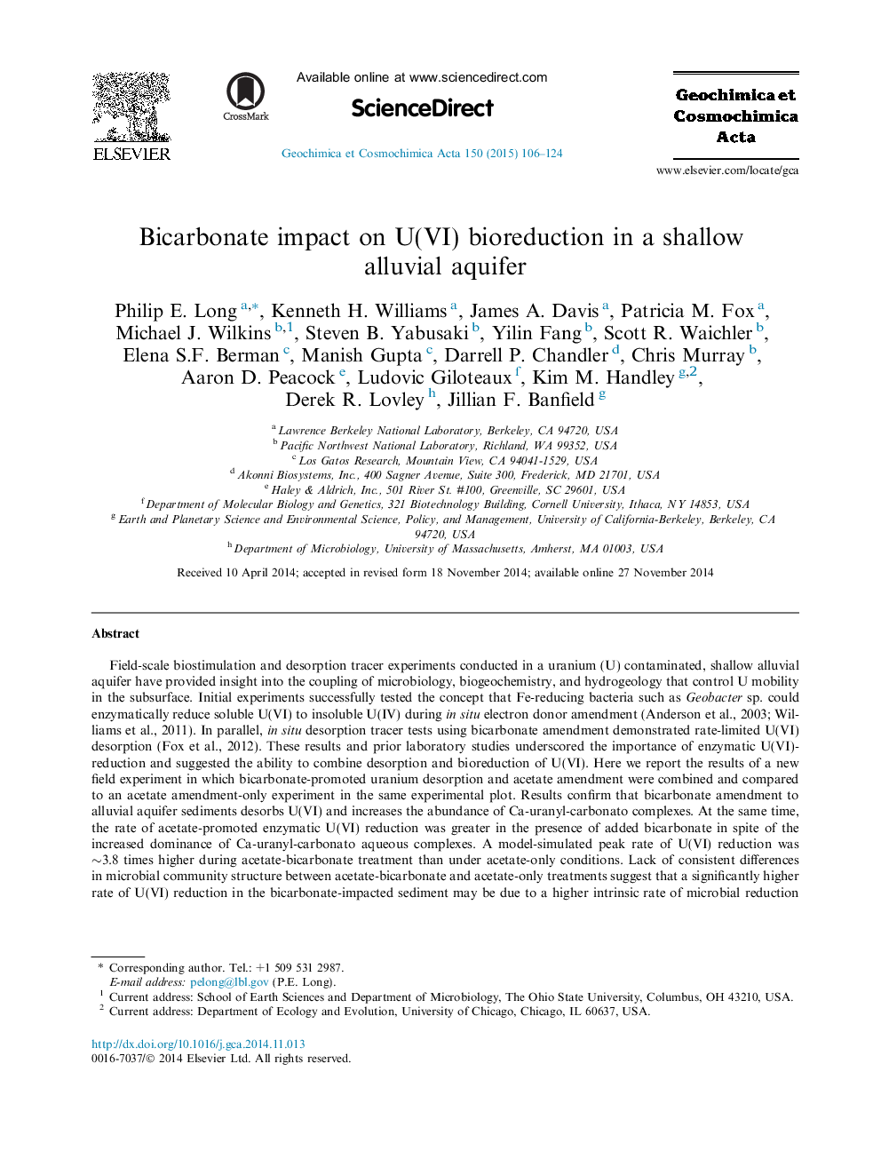 Bicarbonate impact on U(VI) bioreduction in a shallow alluvial aquifer