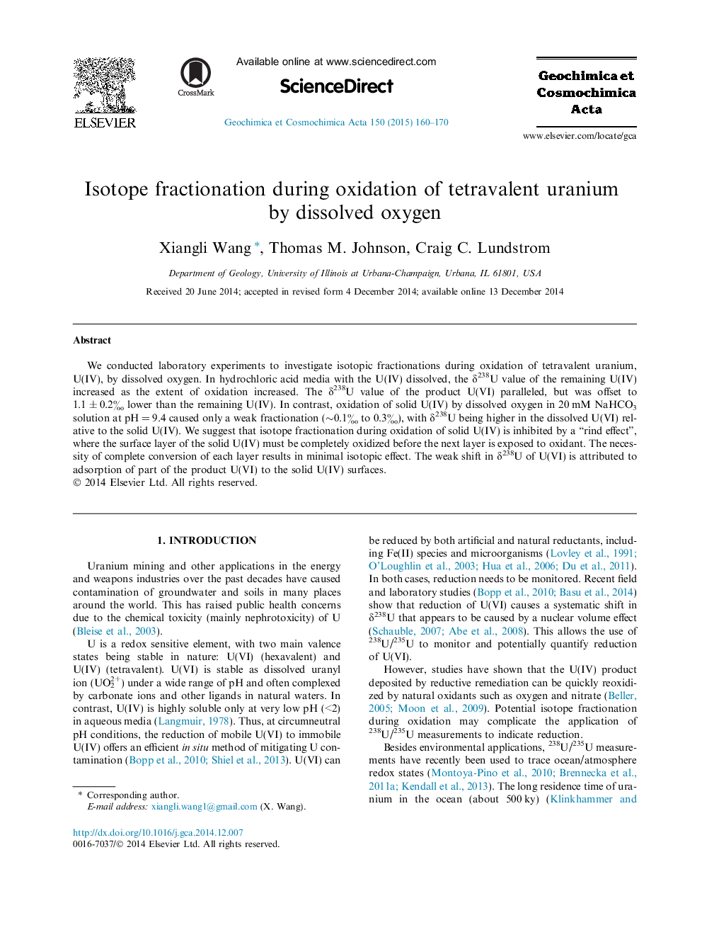 Isotope fractionation during oxidation of tetravalent uranium by dissolved oxygen