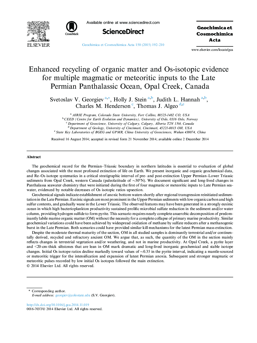 Enhanced recycling of organic matter and Os-isotopic evidence for multiple magmatic or meteoritic inputs to the Late Permian Panthalassic Ocean, Opal Creek, Canada