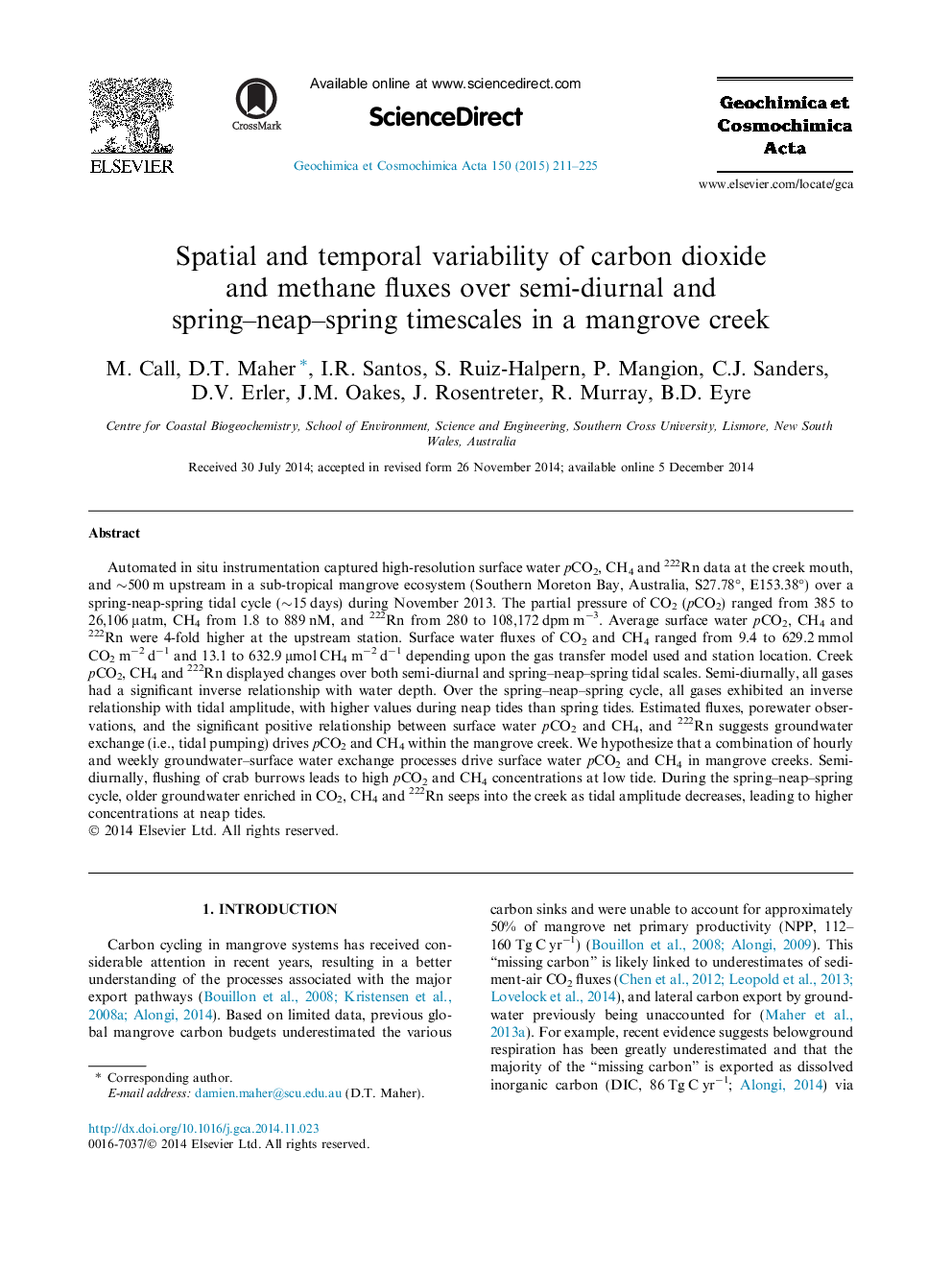 Spatial and temporal variability of carbon dioxide and methane fluxes over semi-diurnal and spring–neap–spring timescales in a mangrove creek