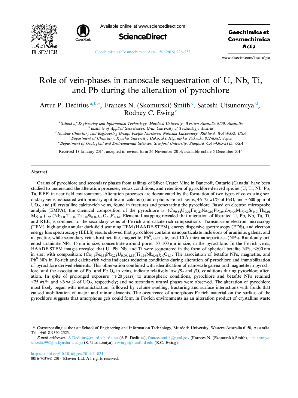 Role of vein-phases in nanoscale sequestration of U, Nb, Ti, and Pb during the alteration of pyrochlore