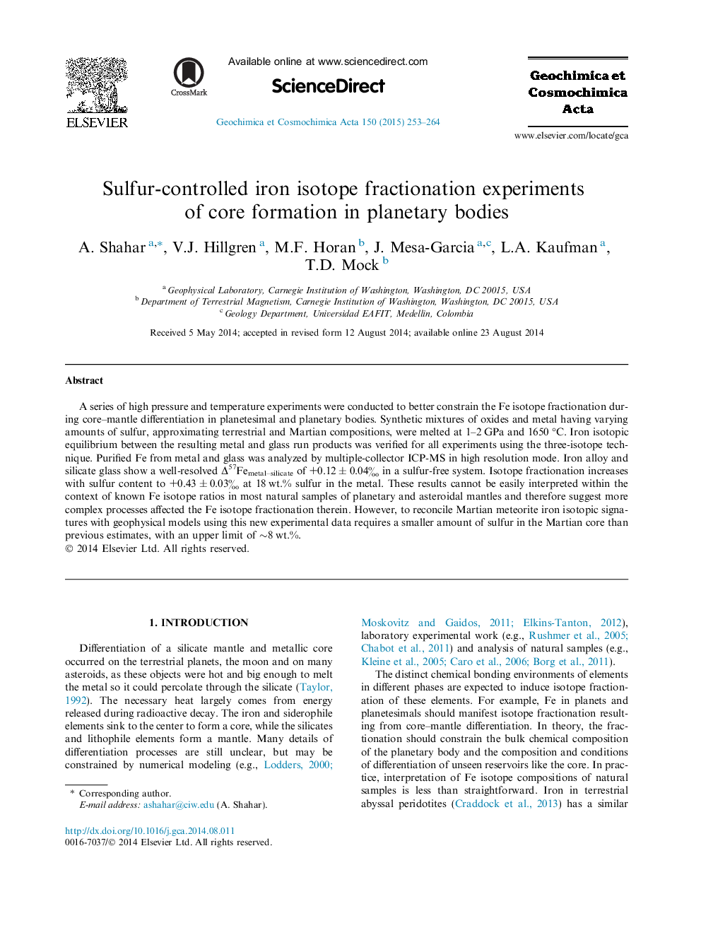 Sulfur-controlled iron isotope fractionation experiments of core formation in planetary bodies