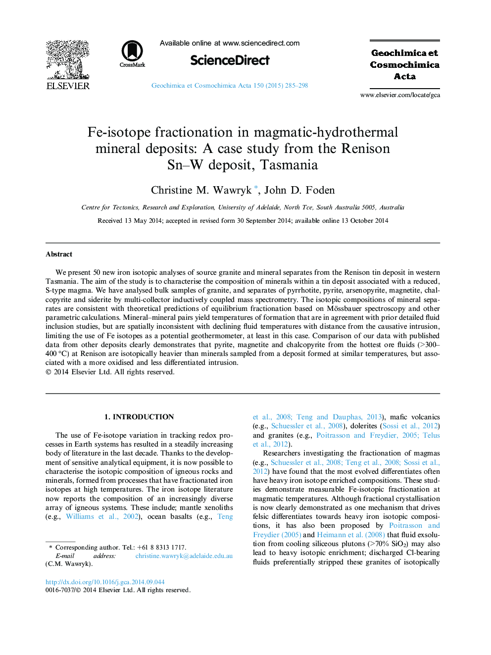 Fe-isotope fractionation in magmatic-hydrothermal mineral deposits: A case study from the Renison Sn–W deposit, Tasmania
