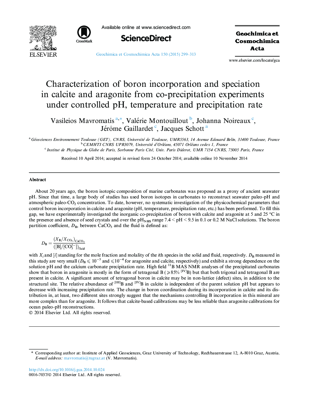 Characterization of boron incorporation and speciation in calcite and aragonite from co-precipitation experiments under controlled pH, temperature and precipitation rate