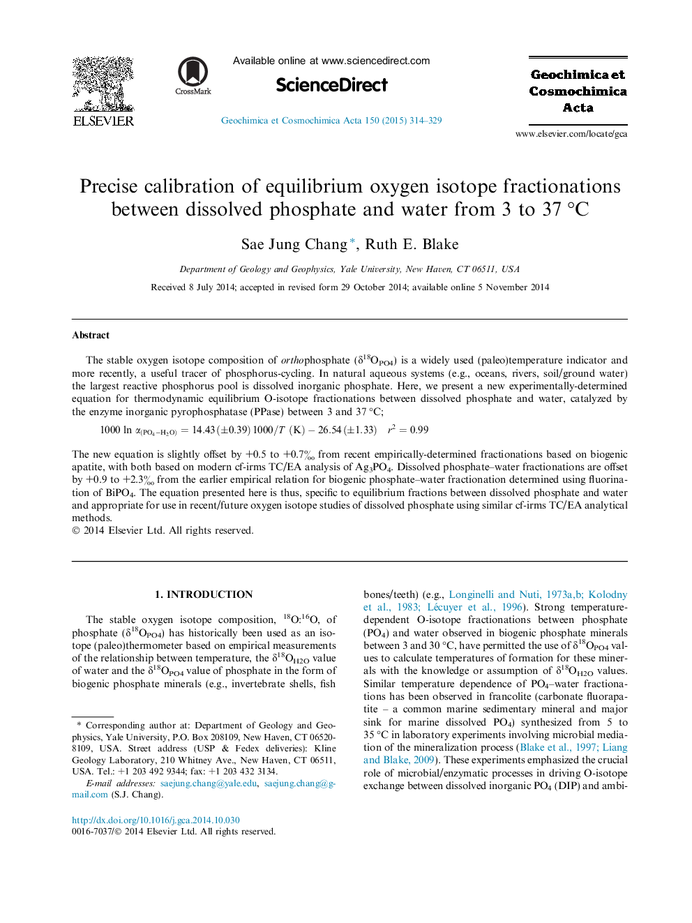 Precise calibration of equilibrium oxygen isotope fractionations between dissolved phosphate and water from 3 to 37 °C