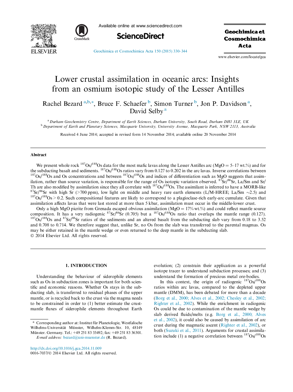 Lower crustal assimilation in oceanic arcs: Insights from an osmium isotopic study of the Lesser Antilles