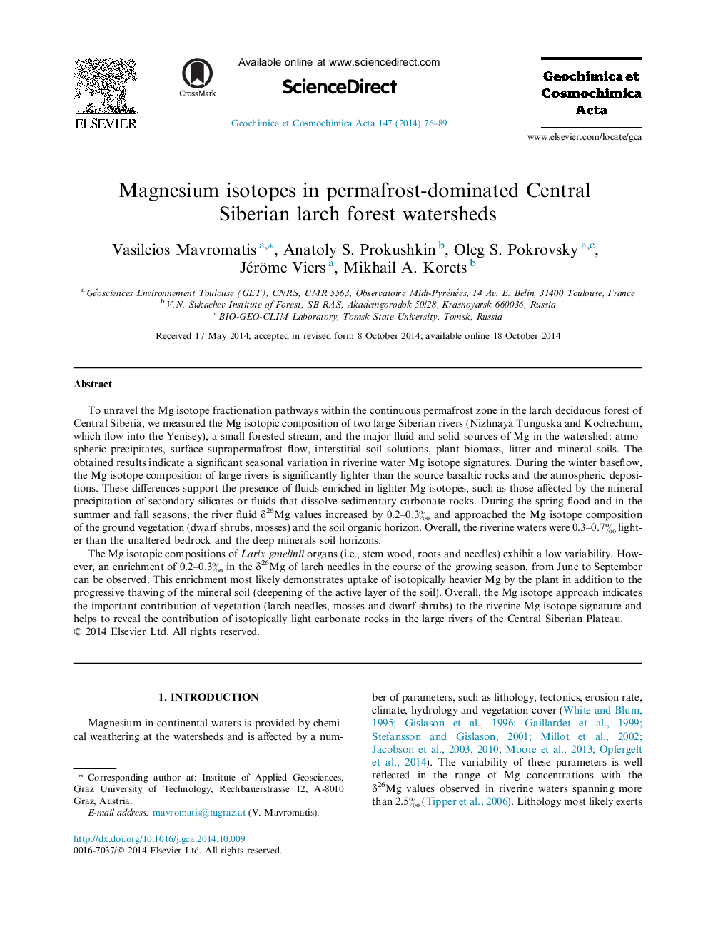 Magnesium isotopes in permafrost-dominated Central Siberian larch forest watersheds