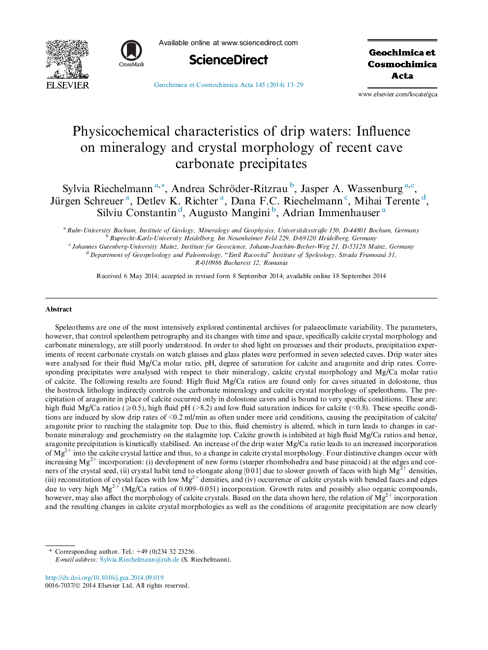 Physicochemical characteristics of drip waters: Influence on mineralogy and crystal morphology of recent cave carbonate precipitates