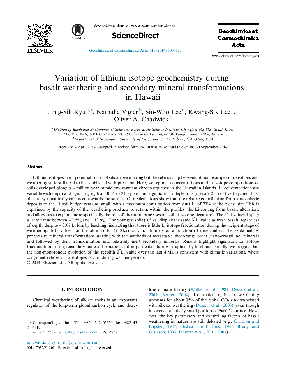 Variation of lithium isotope geochemistry during basalt weathering and secondary mineral transformations in Hawaii