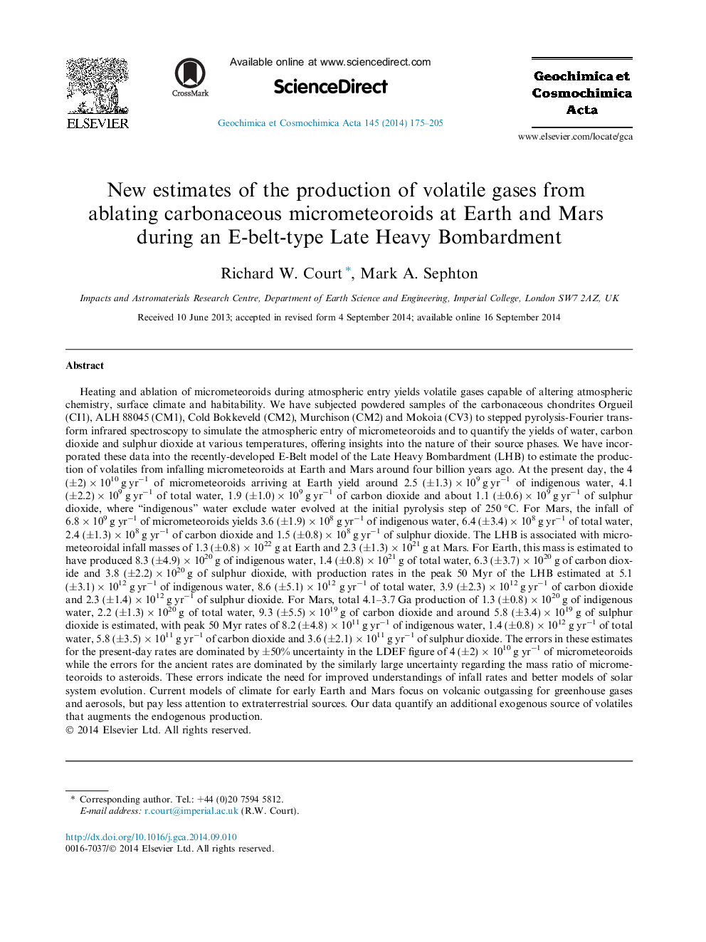 New estimates of the production of volatile gases from ablating carbonaceous micrometeoroids at Earth and Mars during an E-belt-type Late Heavy Bombardment