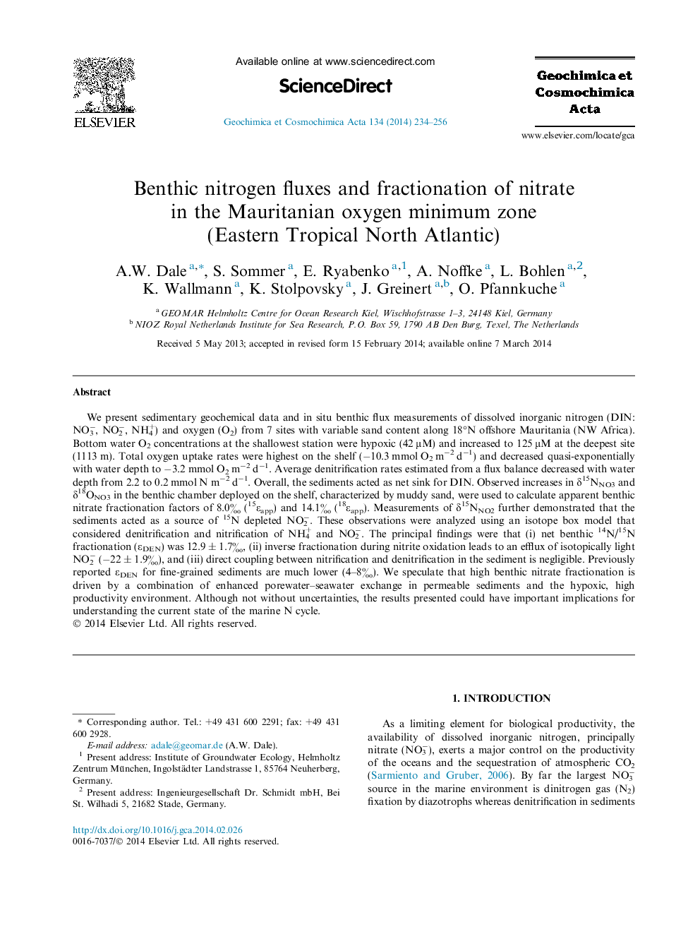 Benthic nitrogen fluxes and fractionation of nitrate in the Mauritanian oxygen minimum zone (Eastern Tropical North Atlantic)