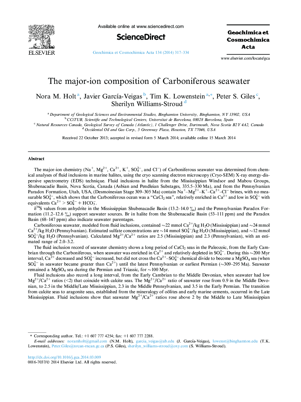 The major-ion composition of Carboniferous seawater