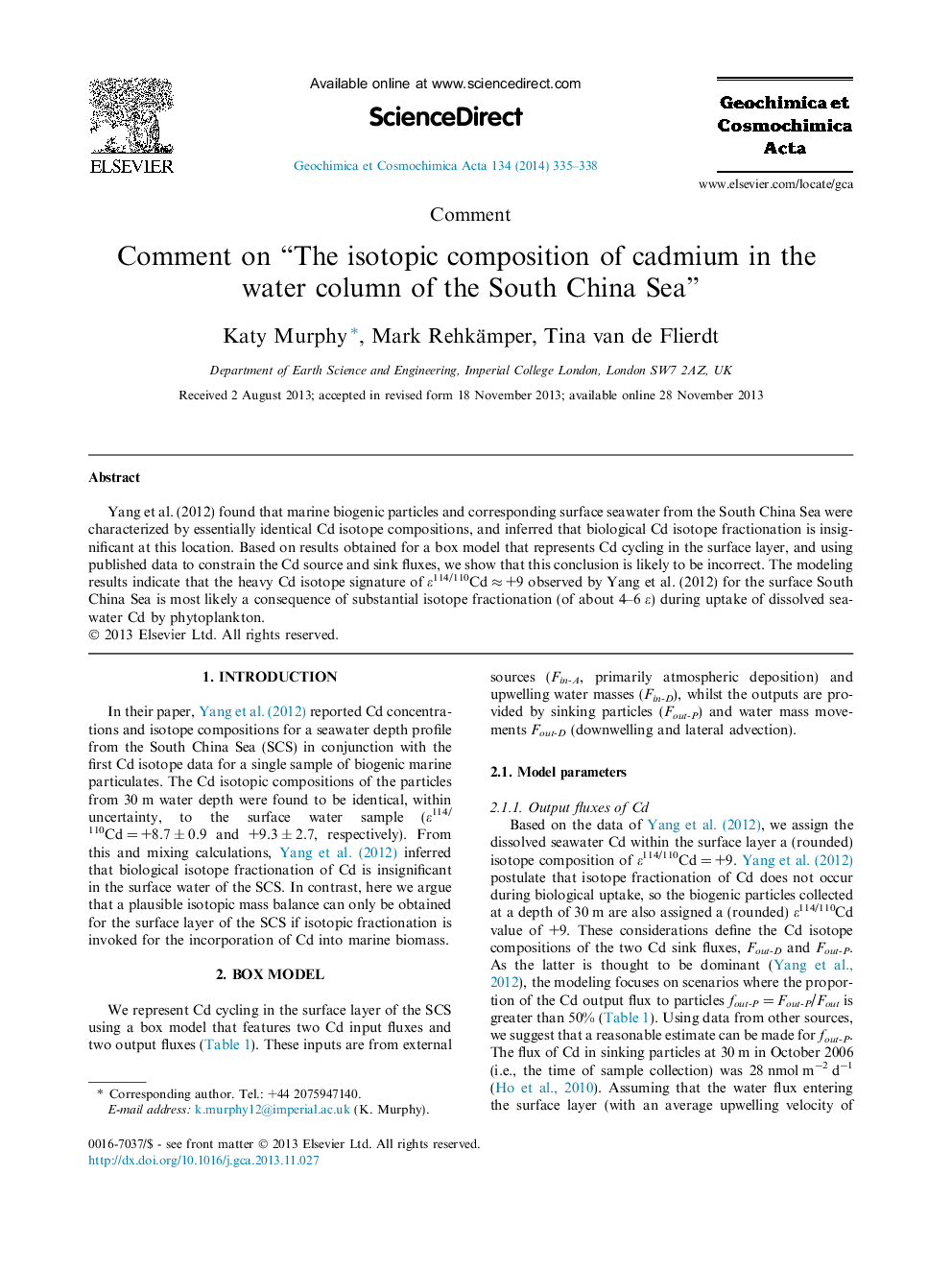 Comment on “The isotopic composition of cadmium in the water column of the South China Sea”