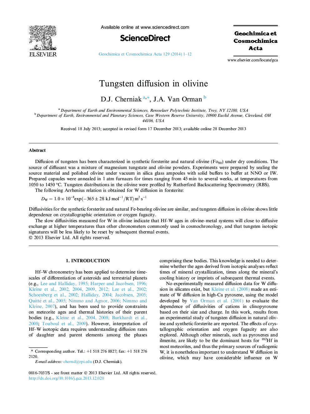 Tungsten diffusion in olivine