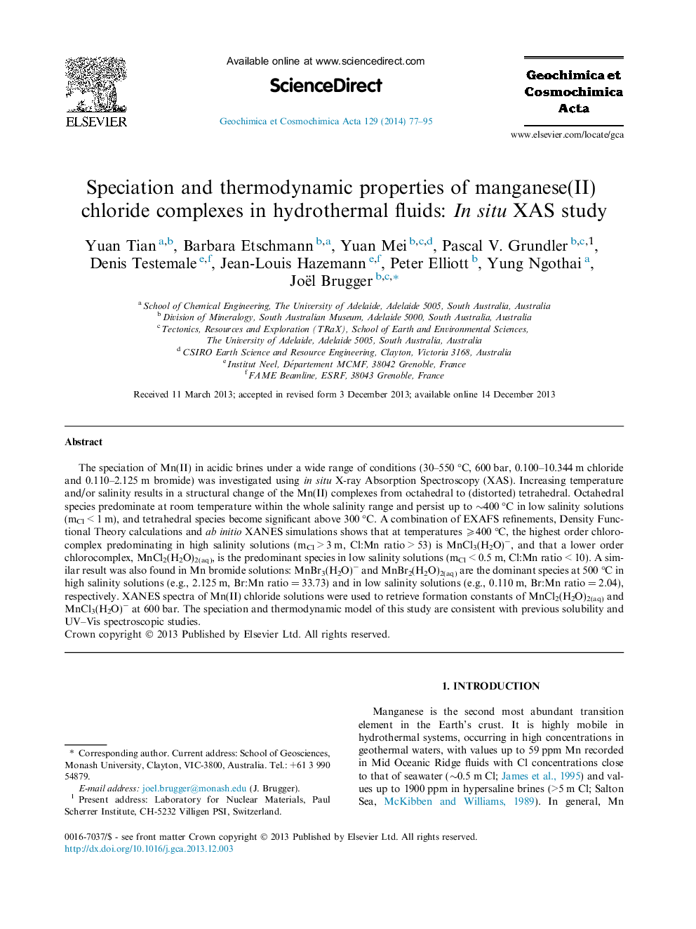 عکس صفحه اول مقاله: Speciation and thermodynamic properties of manganese(II) chloride complexes in hydrothermal fluids: In situ XAS study Speciation and thermodynamic properties of manganese(II) chloride complexes in hydrothermal fluids: In situ XAS study