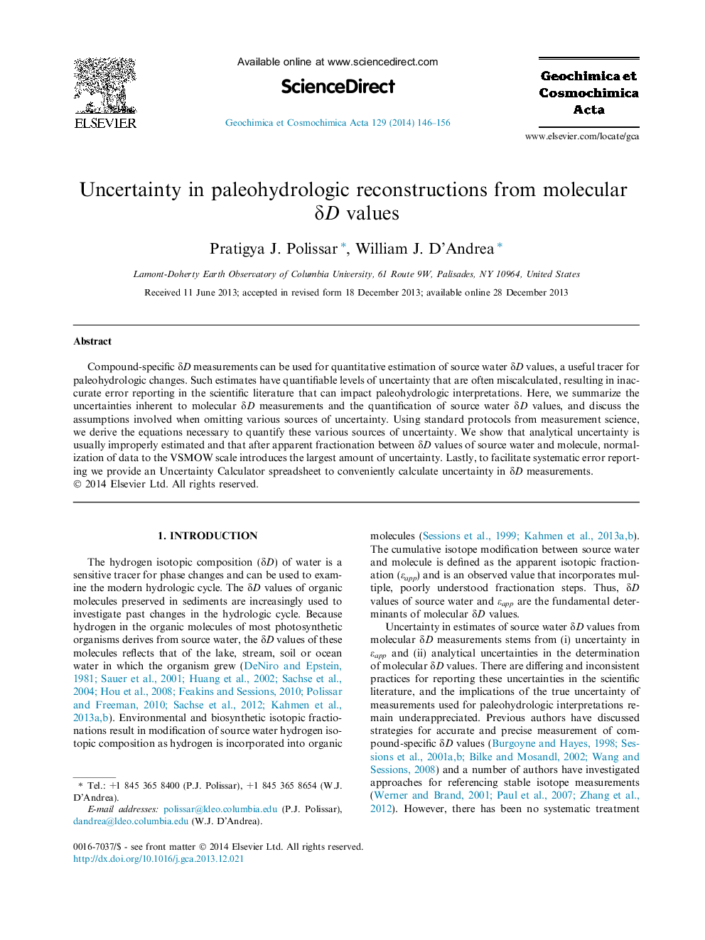 Uncertainty in paleohydrologic reconstructions from molecular δD values