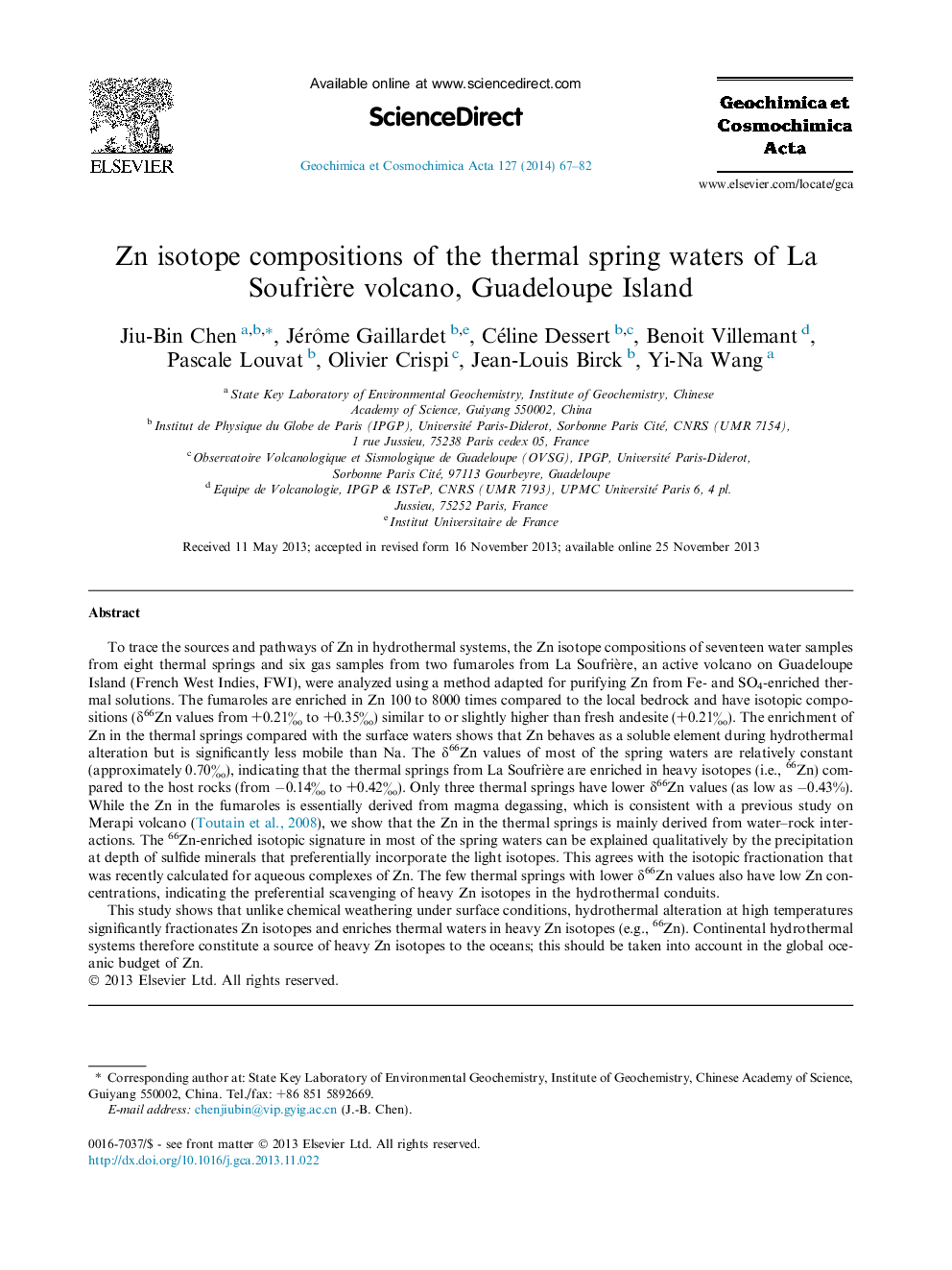 Zn isotope compositions of the thermal spring waters of La Soufrière volcano, Guadeloupe Island