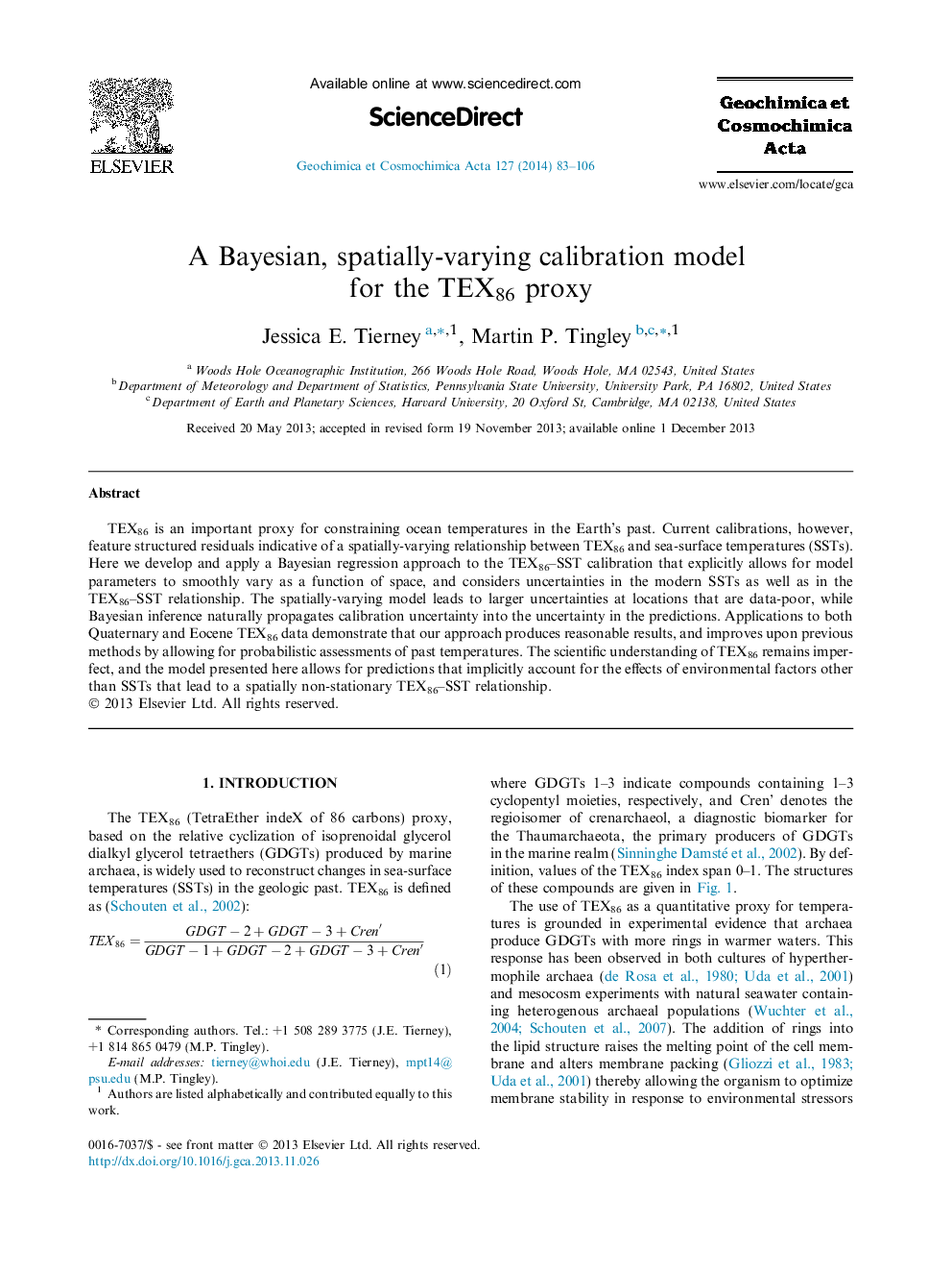 A Bayesian, spatially-varying calibration model for the TEX86 proxy