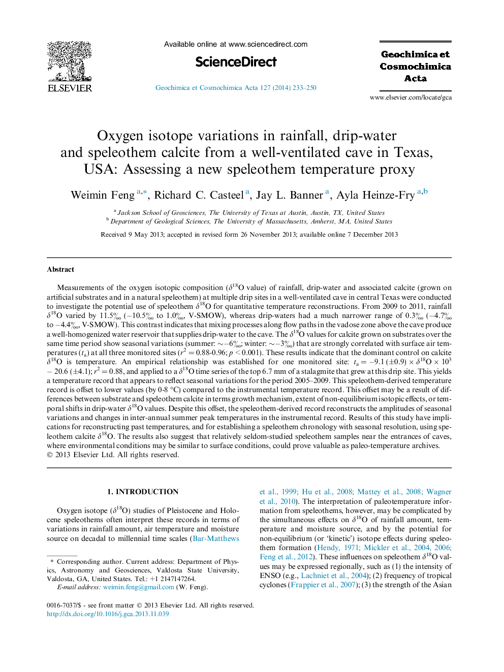 Oxygen isotope variations in rainfall, drip-water and speleothem calcite from a well-ventilated cave in Texas, USA: Assessing a new speleothem temperature proxy
