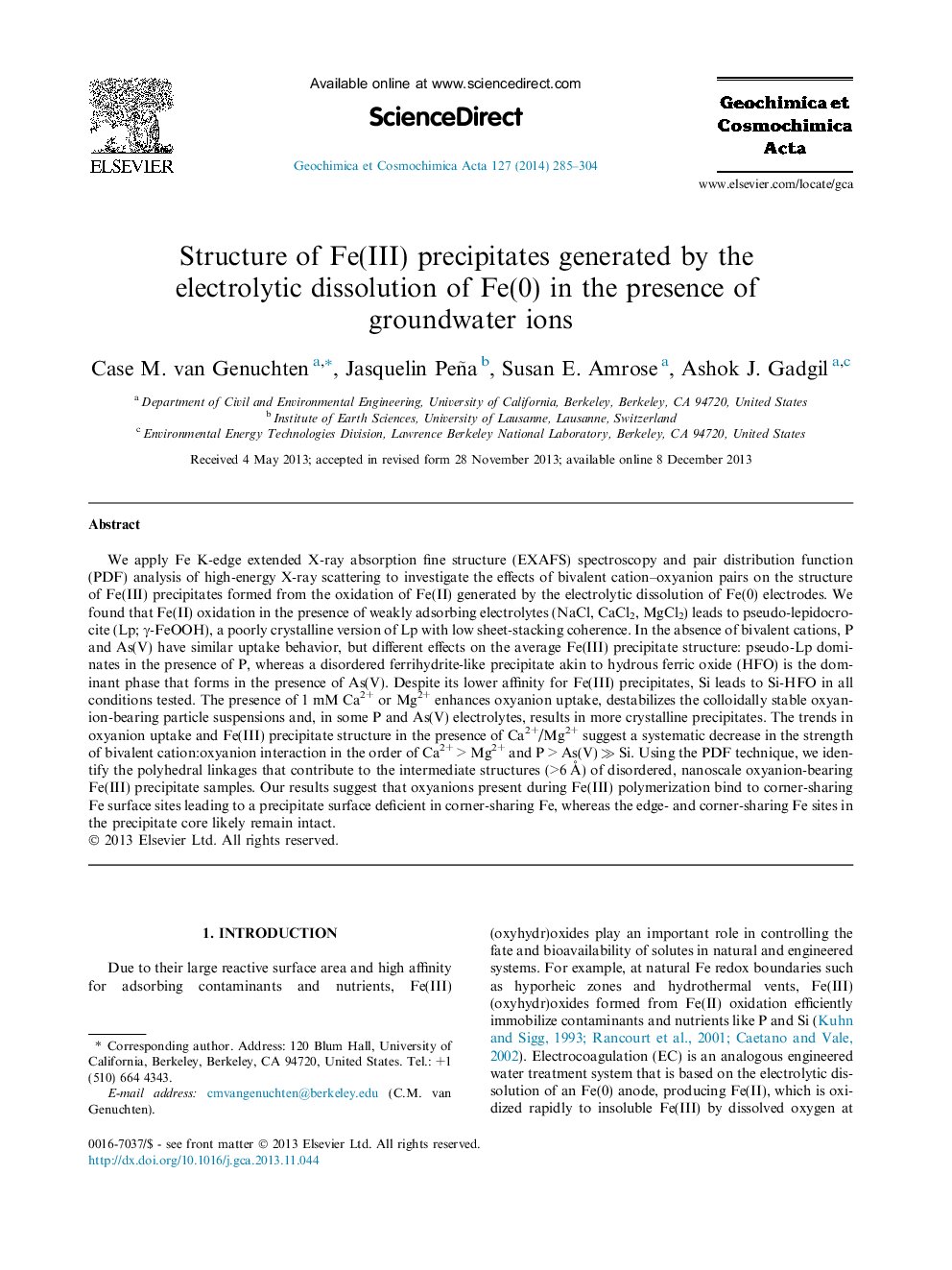Structure of Fe(III) precipitates generated by the electrolytic dissolution of Fe(0) in the presence of groundwater ions
