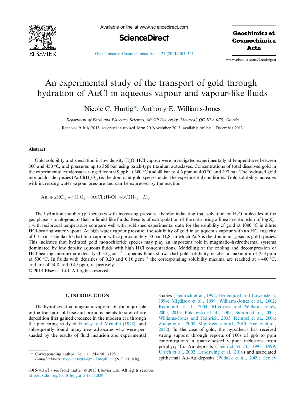 An experimental study of the transport of gold through hydration of AuCl in aqueous vapour and vapour-like fluids