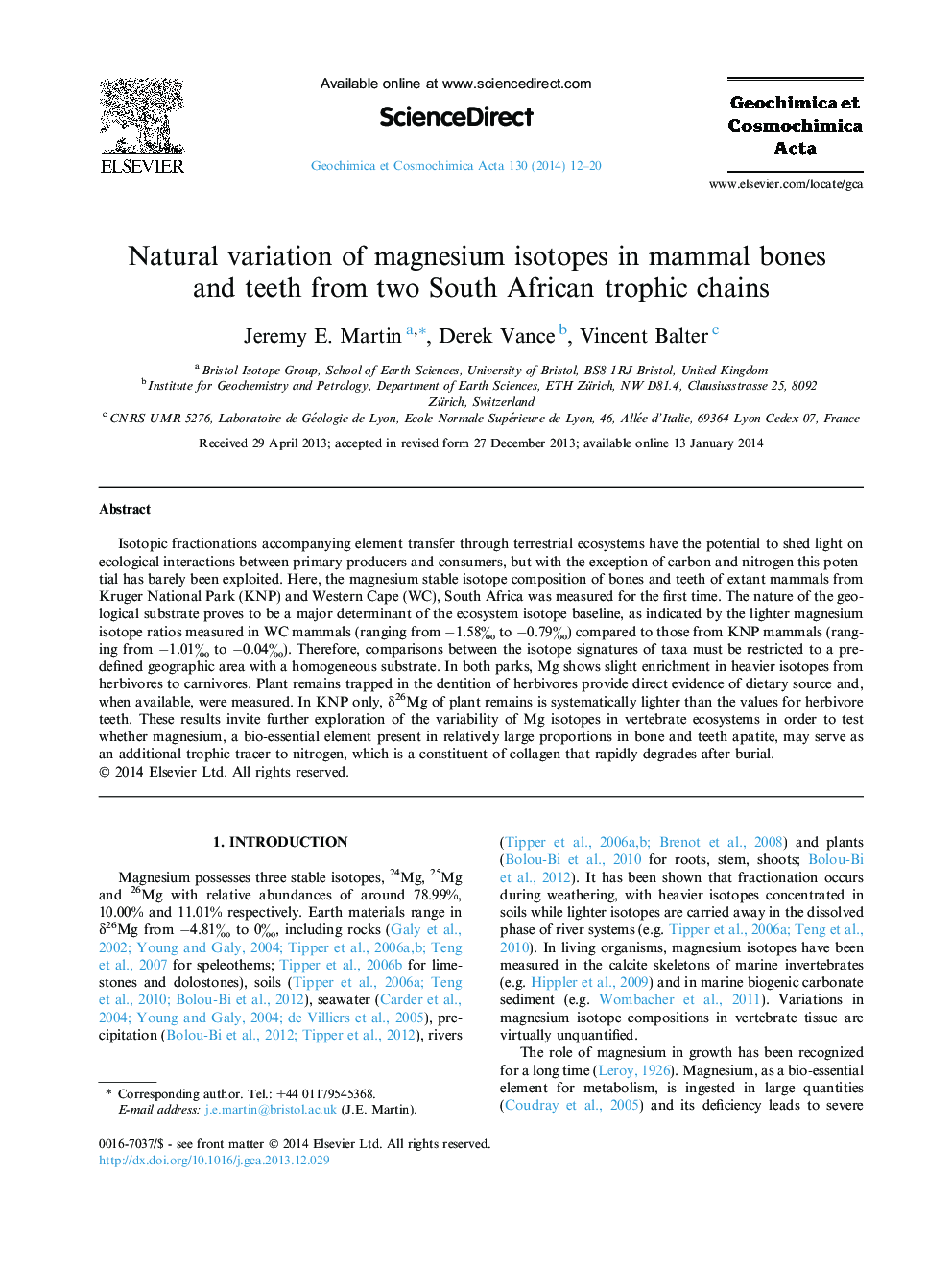 Natural variation of magnesium isotopes in mammal bones and teeth from two South African trophic chains