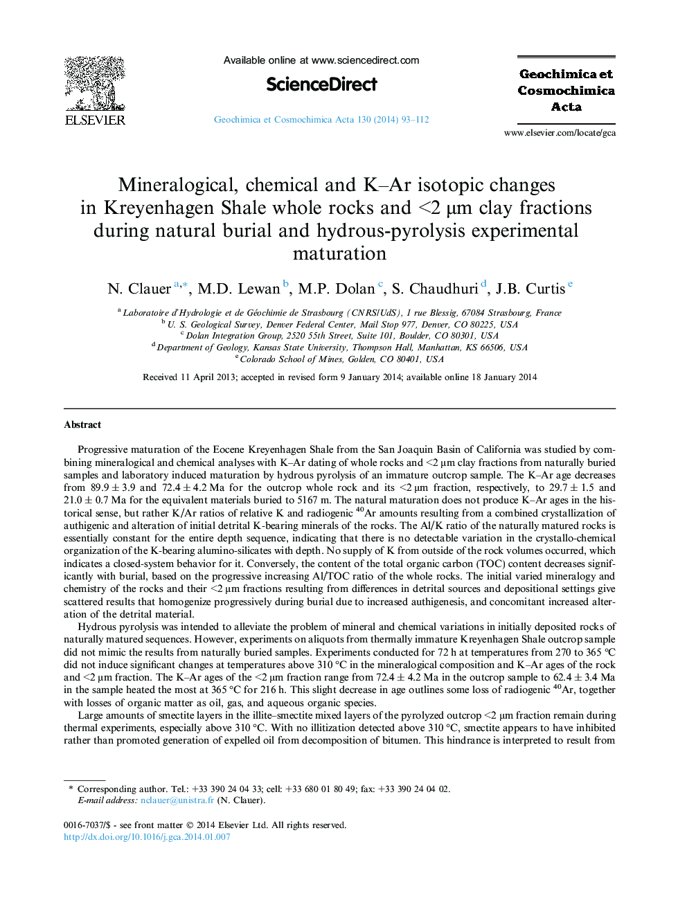 Mineralogical, chemical and K–Ar isotopic changes in Kreyenhagen Shale whole rocks and <2 μm clay fractions during natural burial and hydrous-pyrolysis experimental maturation