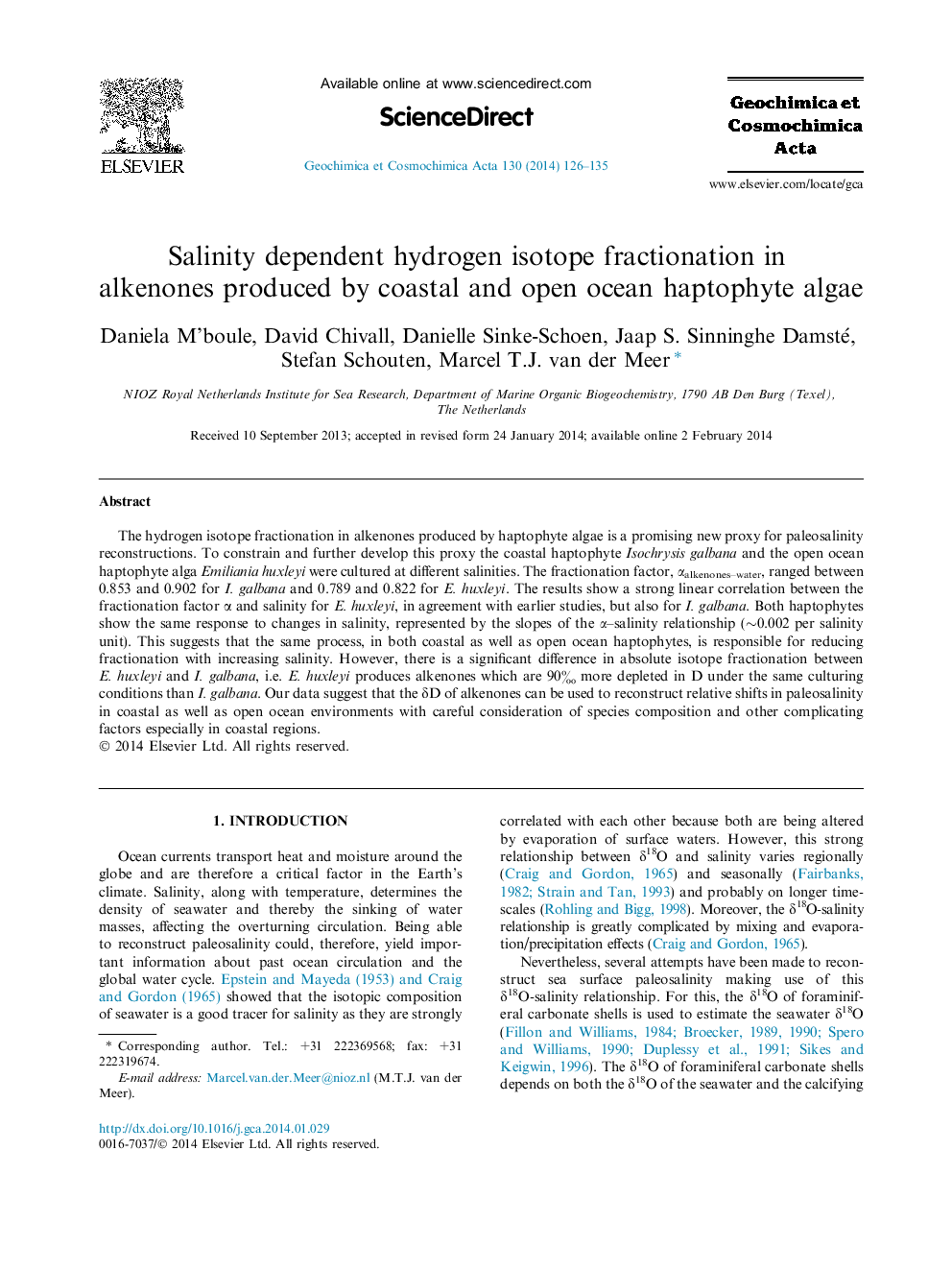 Salinity dependent hydrogen isotope fractionation in alkenones produced by coastal and open ocean haptophyte algae