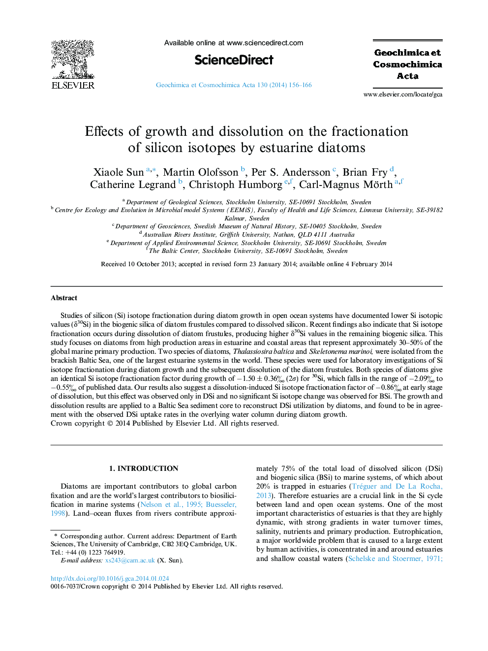 Effects of growth and dissolution on the fractionation of silicon isotopes by estuarine diatoms
