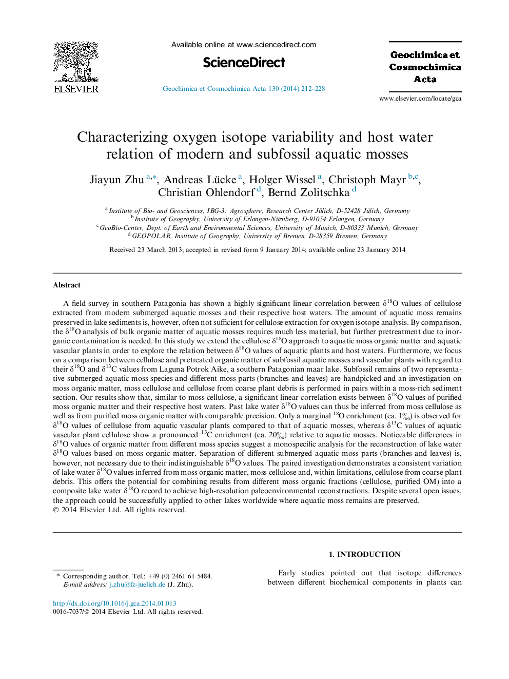 Characterizing oxygen isotope variability and host water relation of modern and subfossil aquatic mosses