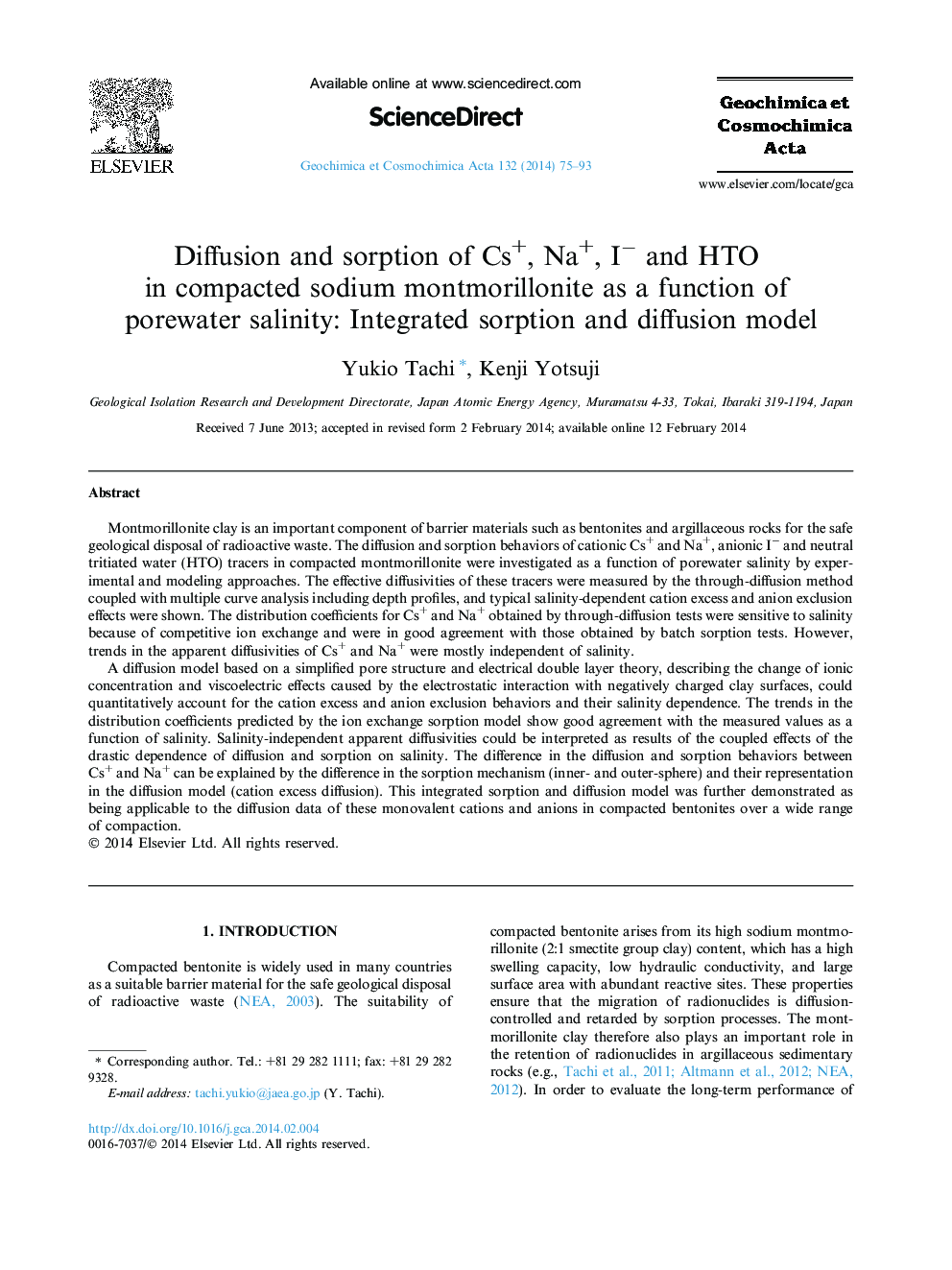 Diffusion and sorption of Cs+, Na+, I− and HTO in compacted sodium montmorillonite as a function of porewater salinity: Integrated sorption and diffusion model