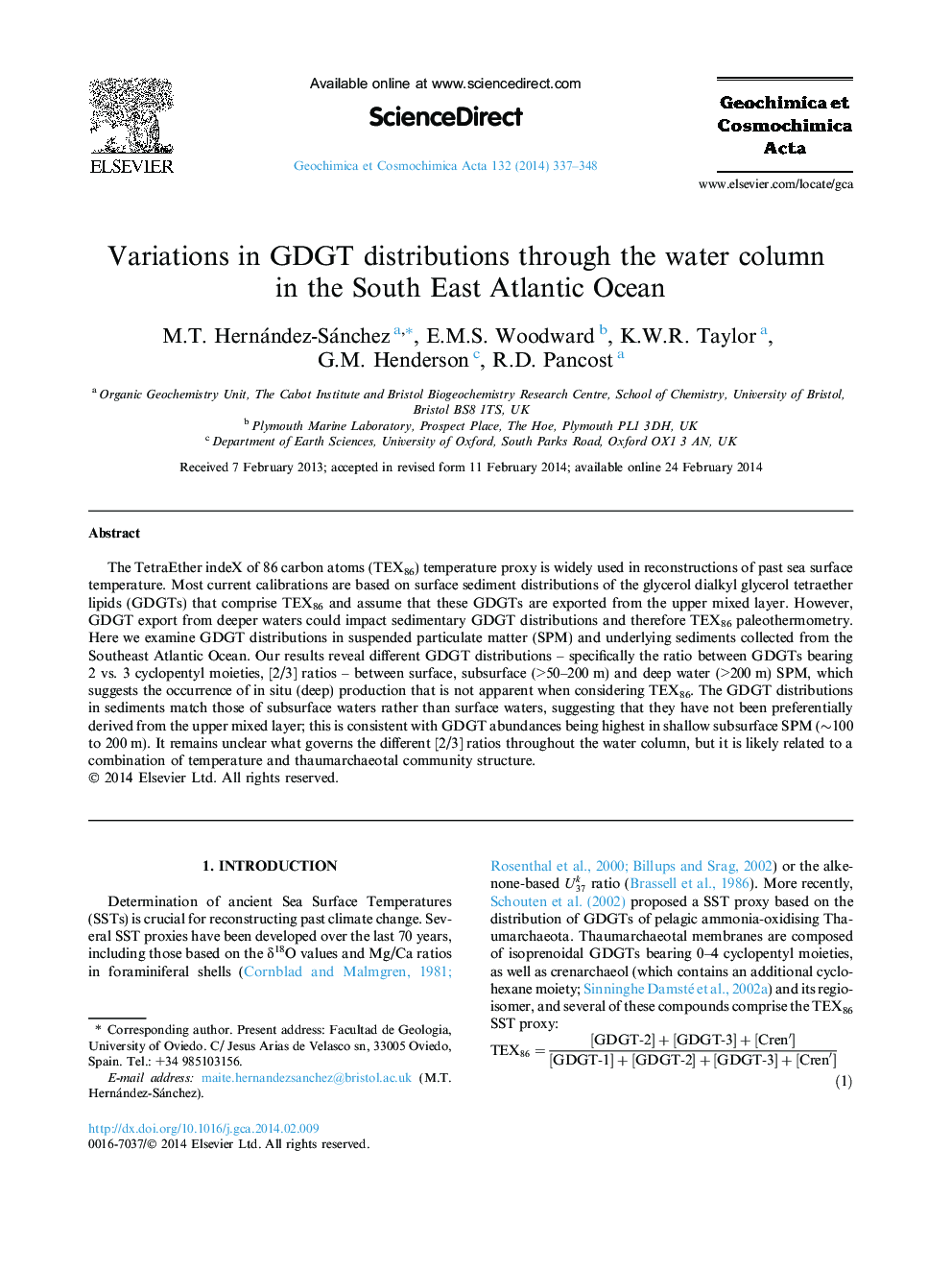 Variations in GDGT distributions through the water column in the South East Atlantic Ocean