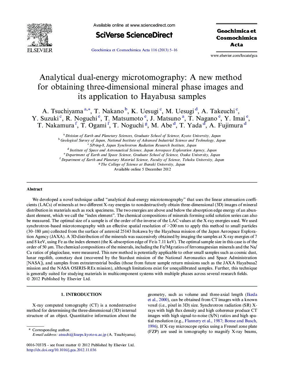 Analytical dual-energy microtomography: A new method for obtaining three-dimensional mineral phase images and its application to Hayabusa samples