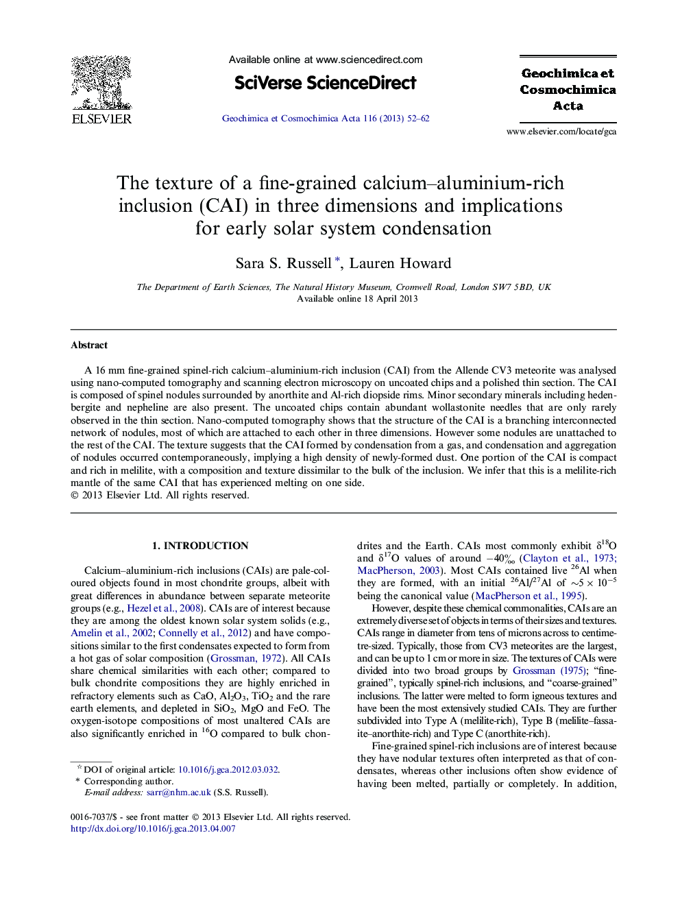 The texture of a fine-grained calcium–aluminium-rich inclusion (CAI) in three dimensions and implications for early solar system condensation