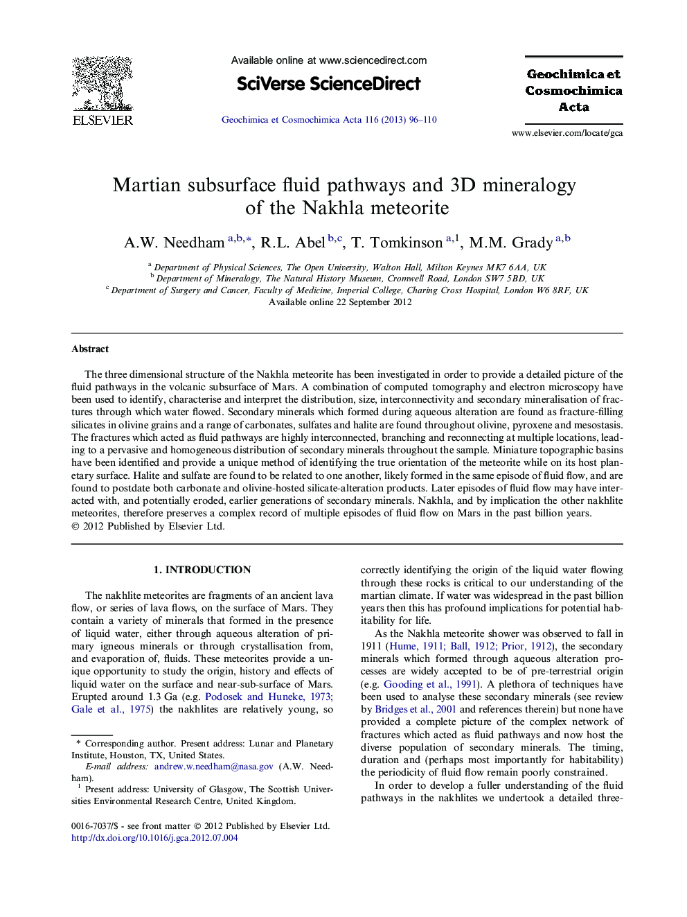 Martian subsurface fluid pathways and 3D mineralogy of the Nakhla meteorite