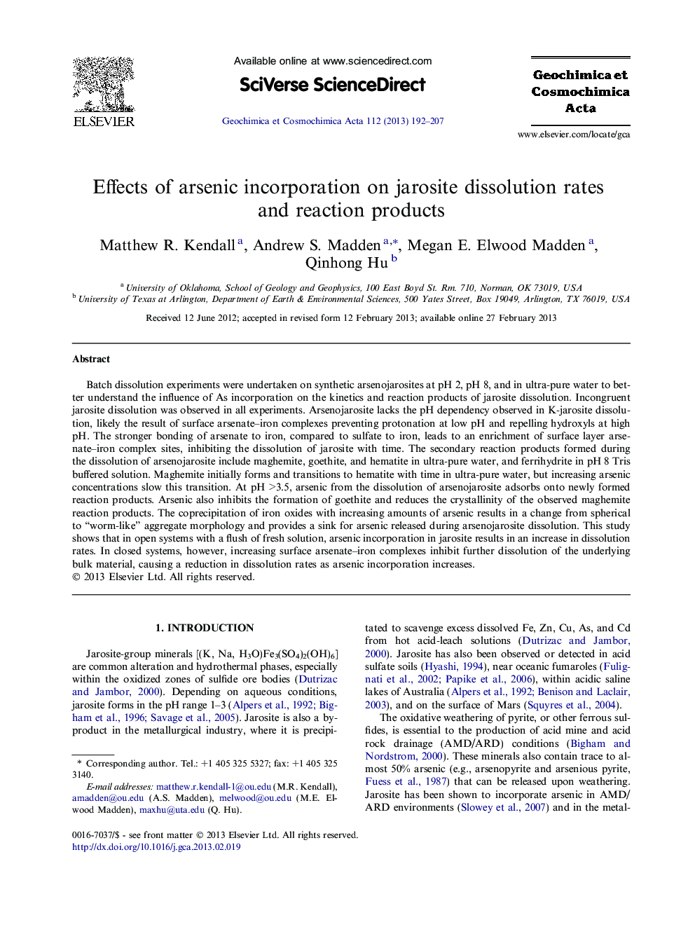 Effects of arsenic incorporation on jarosite dissolution rates and reaction products