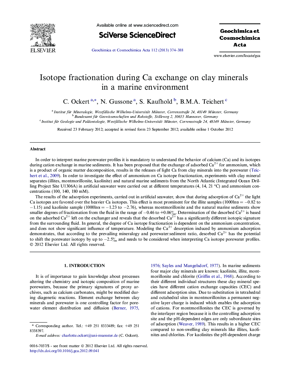 Isotope fractionation during Ca exchange on clay minerals in a marine environment