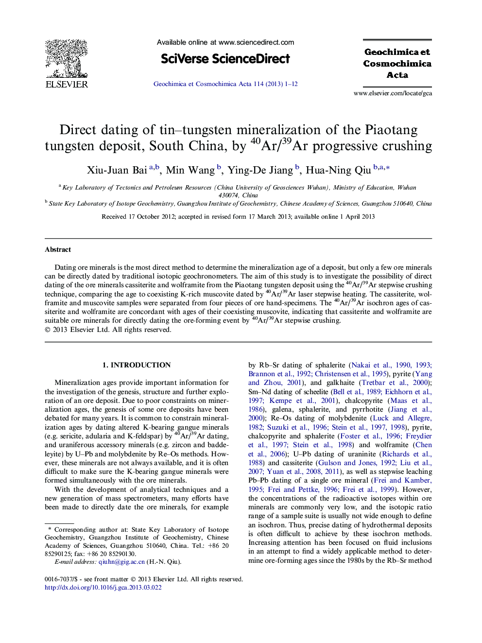 Direct dating of tin–tungsten mineralization of the Piaotang tungsten deposit, South China, by 40Ar/39Ar progressive crushing
