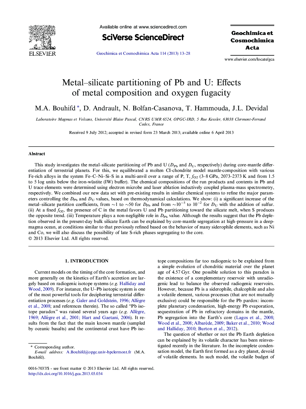Metal-silicate partitioning of Pb and U: Effects of metal composition and oxygen fugacity