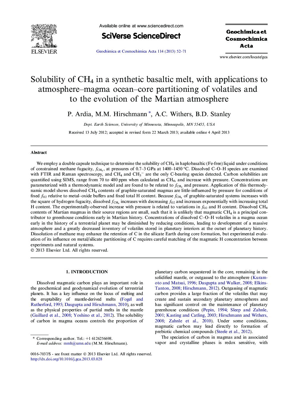 Solubility of CH4 in a synthetic basaltic melt, with applications to atmosphere–magma ocean–core partitioning of volatiles and to the evolution of the Martian atmosphere