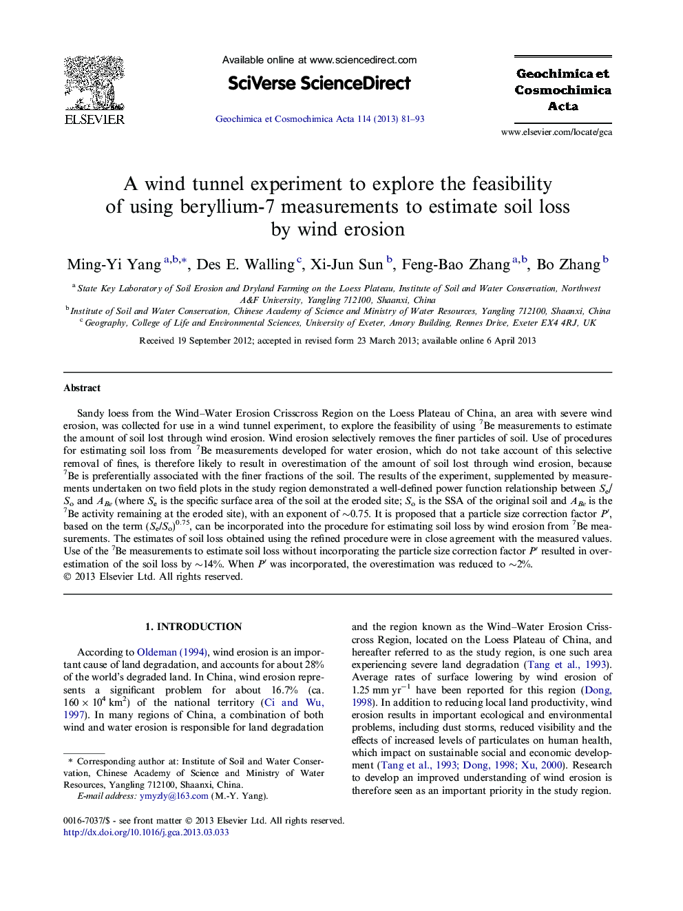 A wind tunnel experiment to explore the feasibility of using beryllium-7 measurements to estimate soil loss by wind erosion