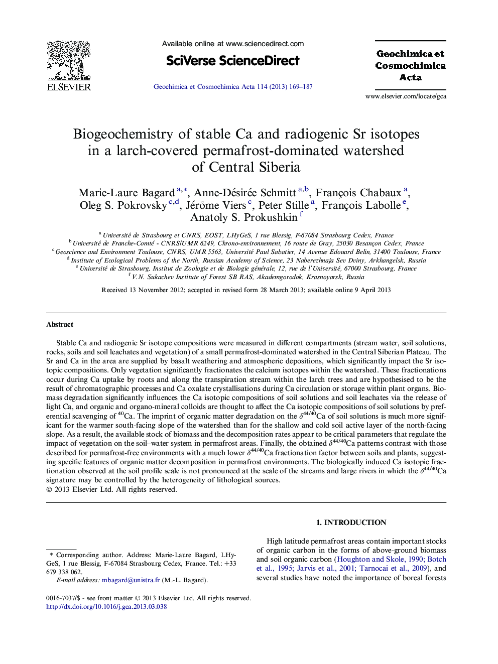 Biogeochemistry of stable Ca and radiogenic Sr isotopes in a larch-covered permafrost-dominated watershed of Central Siberia