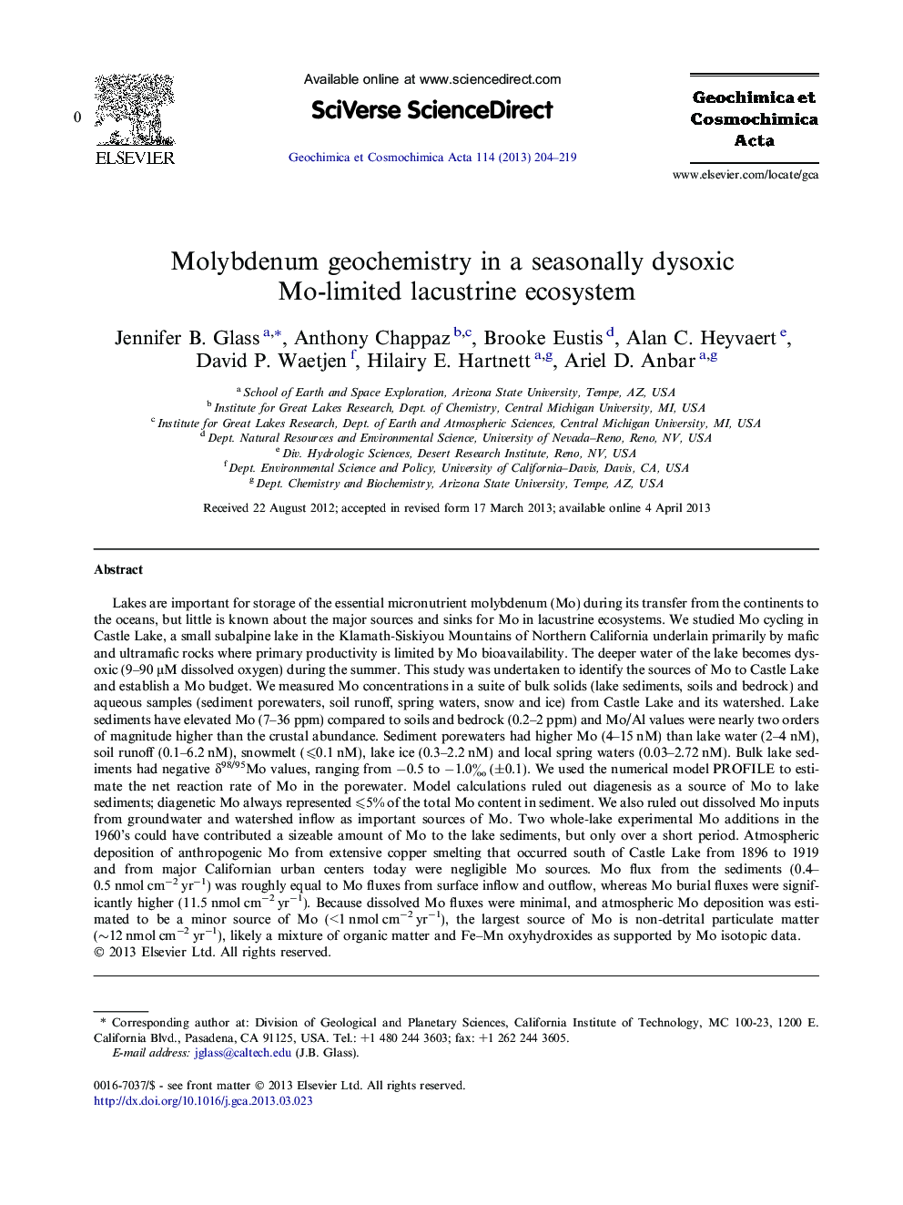 Molybdenum geochemistry in a seasonally dysoxic Mo-limited lacustrine ecosystem